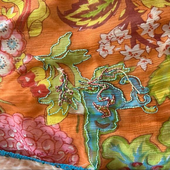 Y2K Boho Beaded Asian Orange Floral Spaghetti Strap Dress size M - Picture 5 of 7